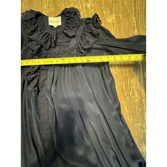 Nikki Chasin Small Sonnet Dress Ruffle Collar Cuff Eyelet Button Maxi Silky Navy - Picture 7 of 15